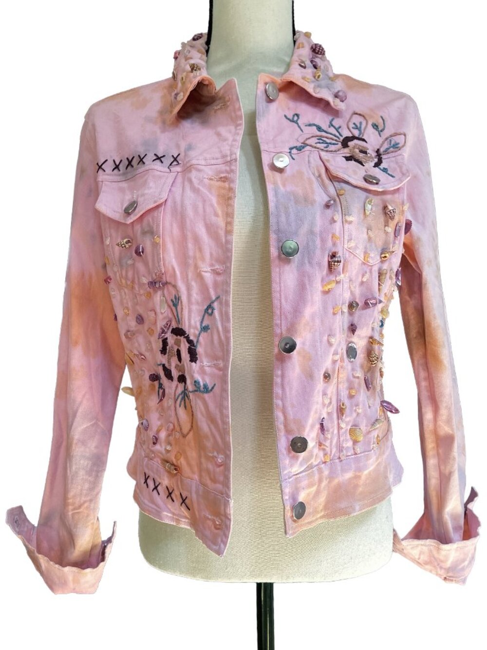 ANTICA Italy Pink Denim Trucker Jacket Seashell Crochet Coastal Boho XS - Picture 12 of 13